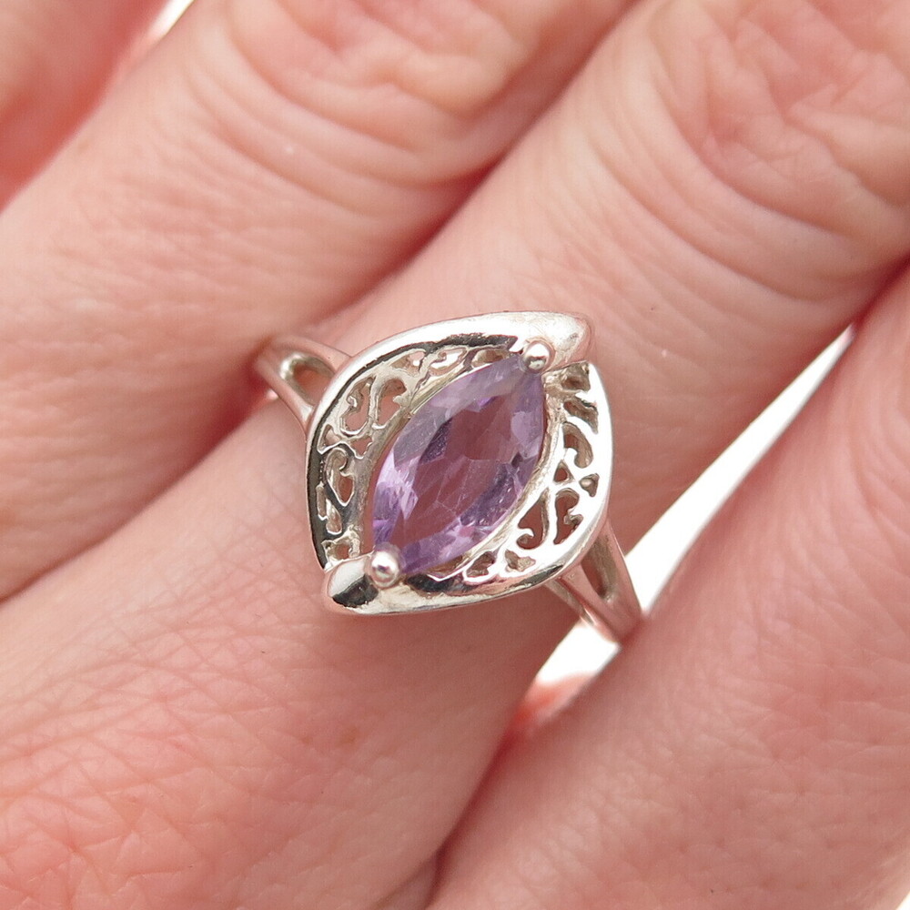 Avon 925 Sterling Silver Vintage Real Marquise-Cut Amethyst Floral Ring Size 7